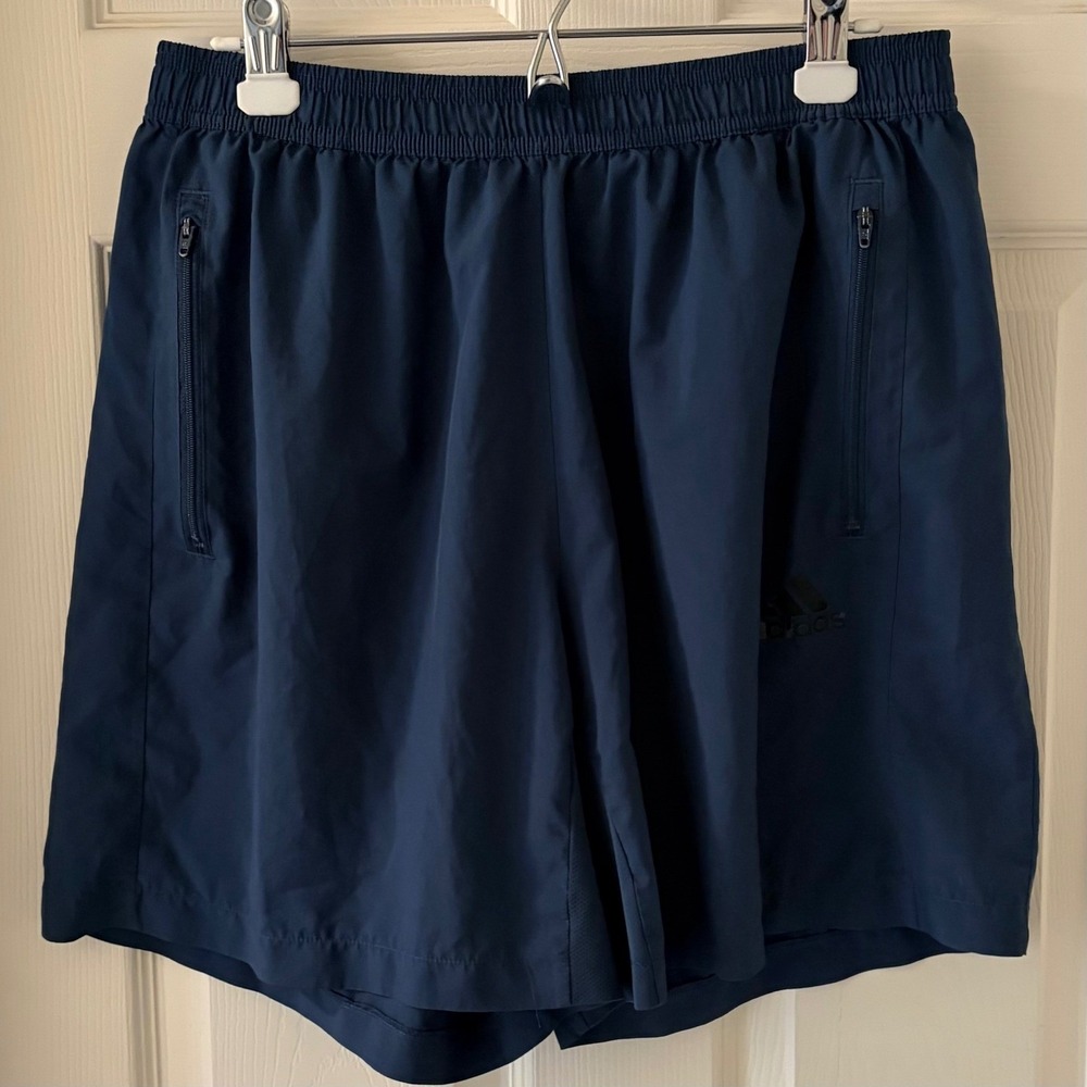 Adidas Mens Medium Navy 2 in 1 Running Shorts Lined Zip Pockets Athletic